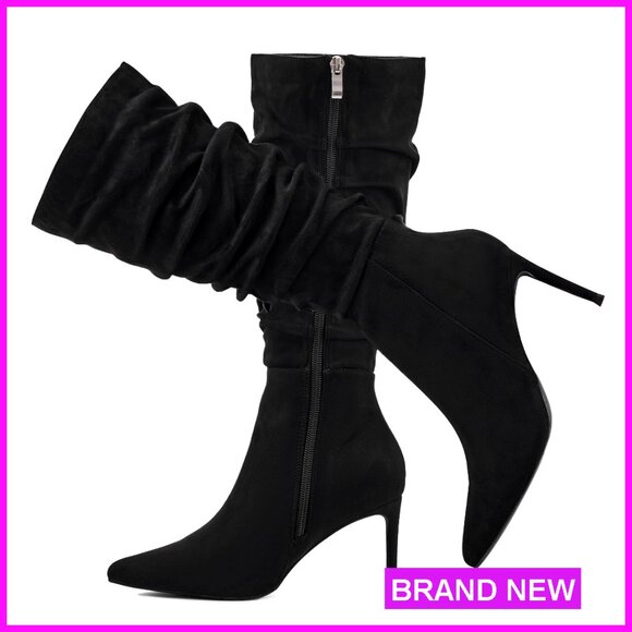 Mid Calf Boots Pointed Toe Stiletto Heel Side Zipper Elegant Fashion Dress Shoes